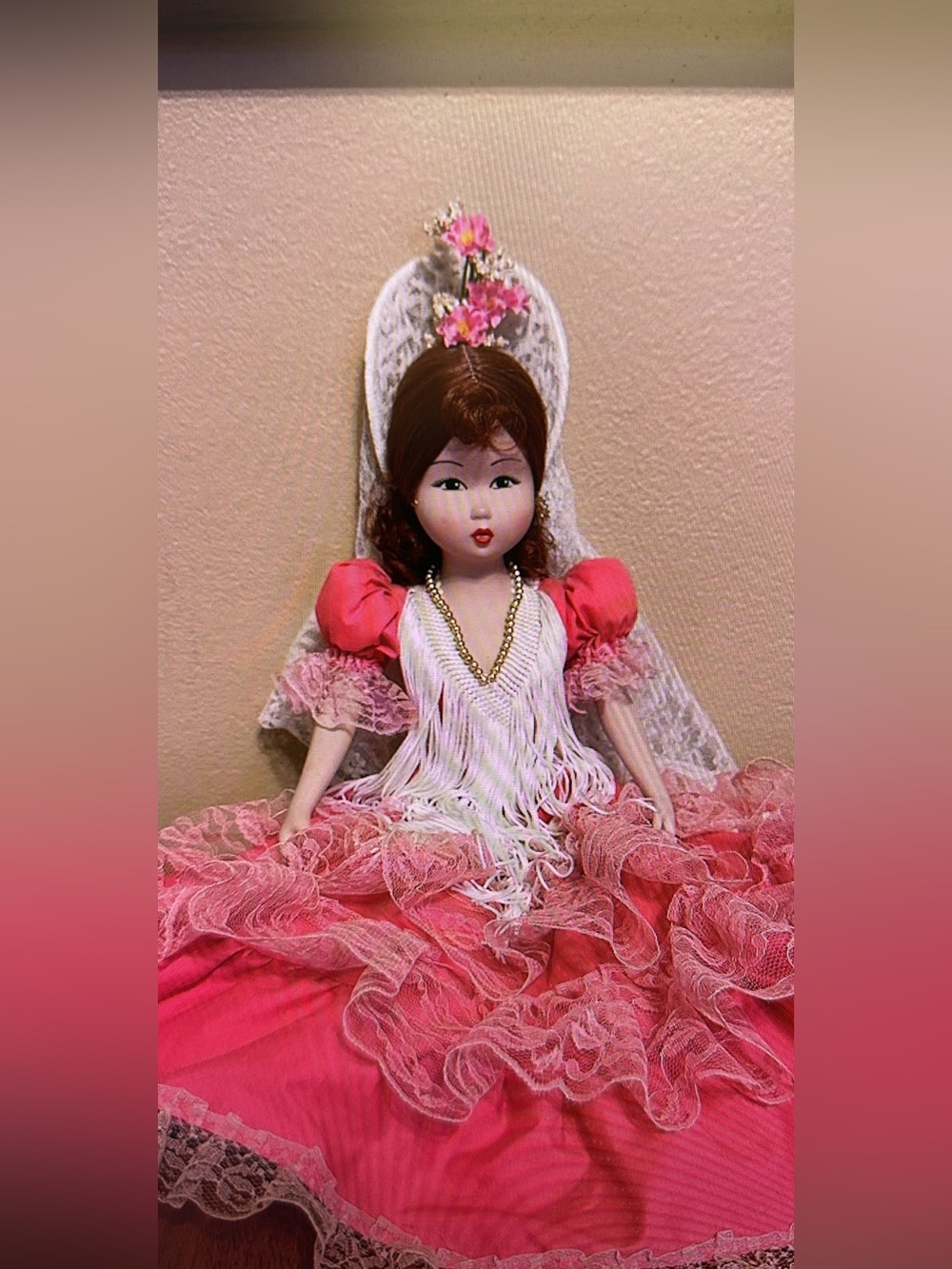 Vintage Spanish Flamenco Dancer Souvenir Doll – Pink Lace Gown & Peineta